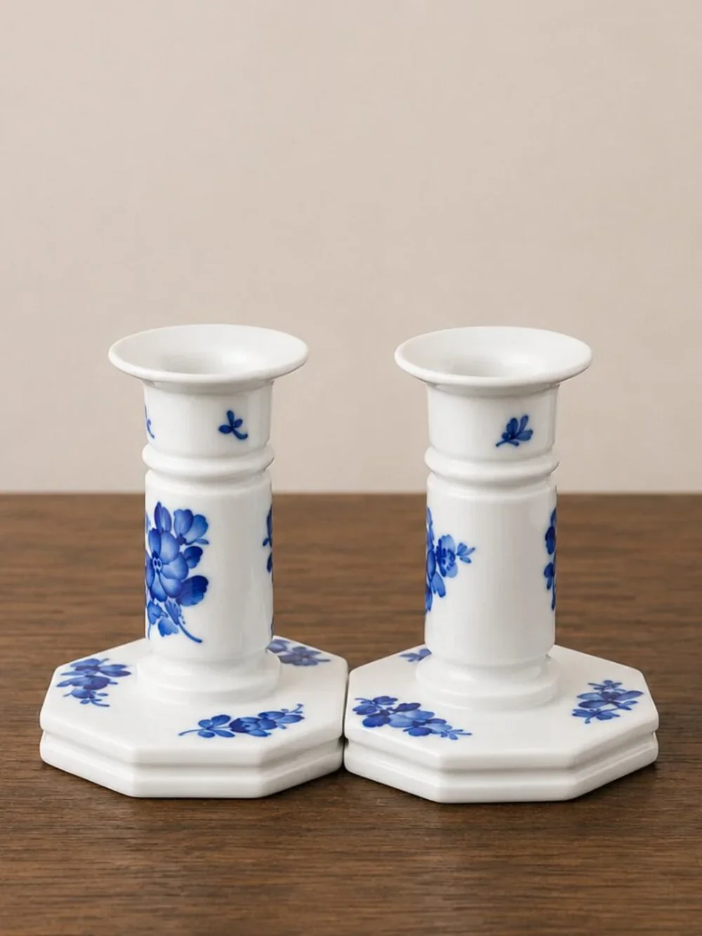 Royal Copenhagen Blue Flowers Candlesticks #3303 Denmark Hand Painted Porcelain